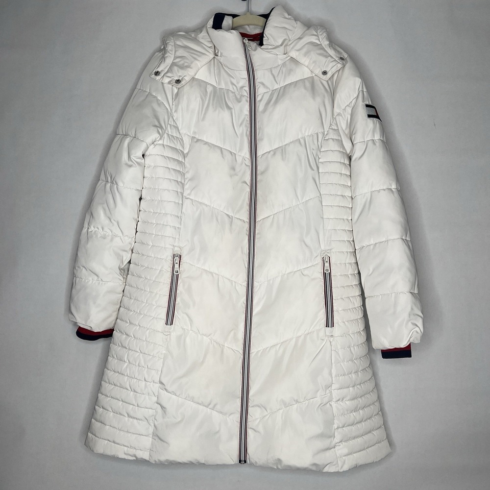 Tommy Hilfiger Women's Large White Puffer‎ Coat Full Zip Hooded